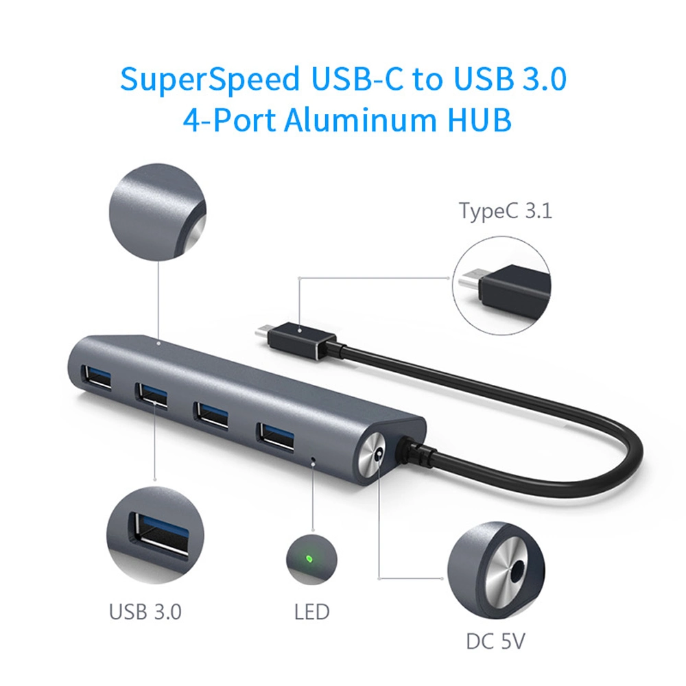 4 em 1 portas SuperSpeed USB-C para USB 3.0 4 Cubo de alumínio