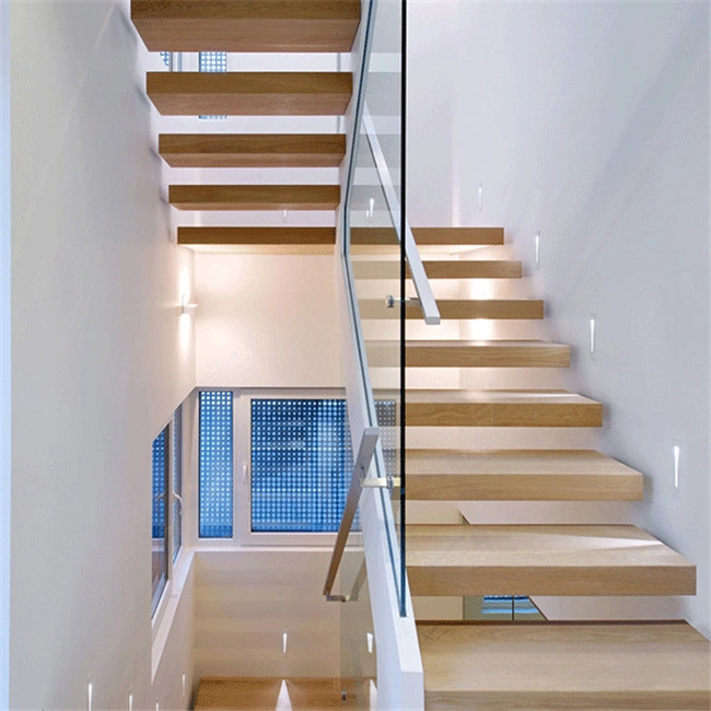 Hot Selling Indoor Frameless Glass Railing Rubber Solid Wood Steps Designs Floating Staircase