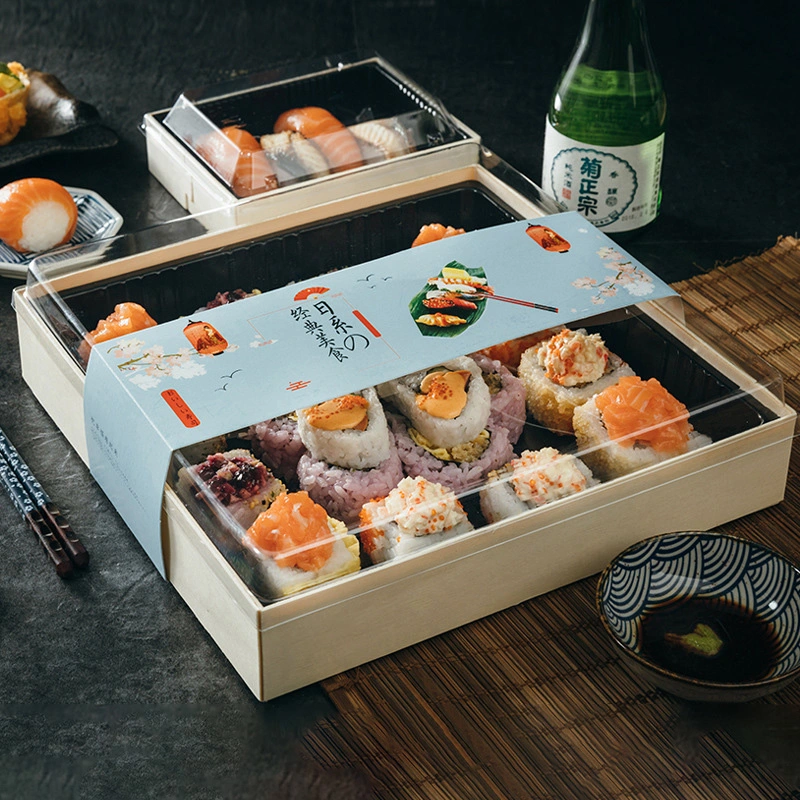 Personalizar desechables biodegradables de Sushi Japonés de madera alimentos dulces ensalada de frutas caja de embalaje de cartón contenedor de embalaje Caja de comida para llevar la bandeja