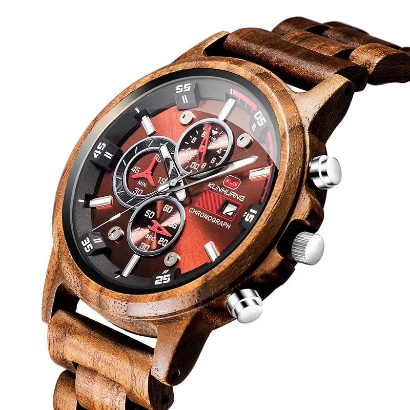 Montre en bois personnalisée de luxe pour Homme Multifunctional Sports montre en bois mode Lettrage de la couverture arrière de la table de codes