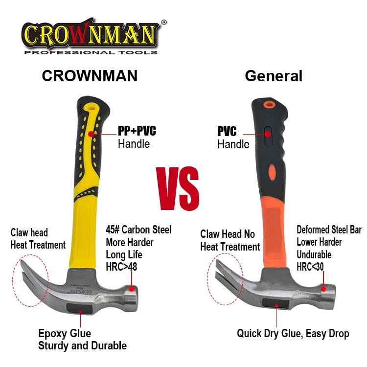 Herramientas de perforación de Crownman, acero al carbono de tipo americano 8oz/16oz/20oz renovación de casa martillo de garras con mango negro y amarillo TPR