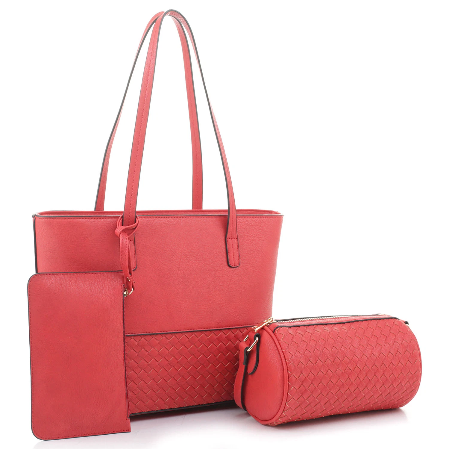 Lady Fashion PU Leather Woven 3-in-1 Shopper Set Handbag Women Tote Bag