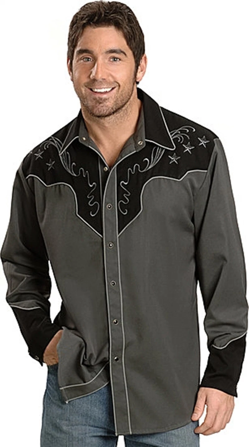 Venda por grosso Boutique homens' S Bordados Western cinza vestuário de tecidos dos homens camisetas tecidas Western homens' S camisas