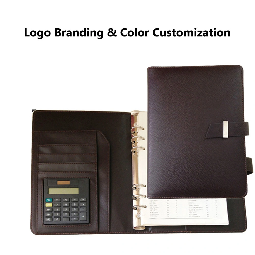 A5 Custom Logo Loose Leaf 6 Ring Binder Calculator Leather Notebook Planner Organizer