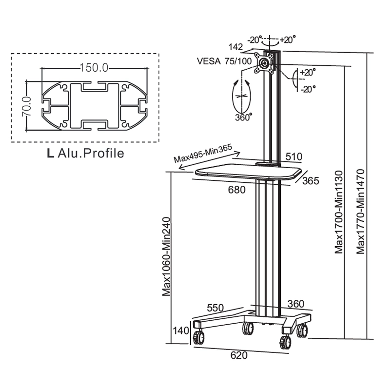 Mobile Computer Workstation Single Monitor 10-24" Height Adjustment (PC 1601)