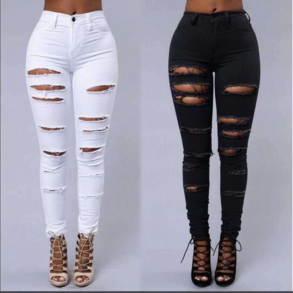 Wholesale Custom Cheap Best High Waisted Jeans Black/White Women Slim Fit Ripped Denim Jeans for Women