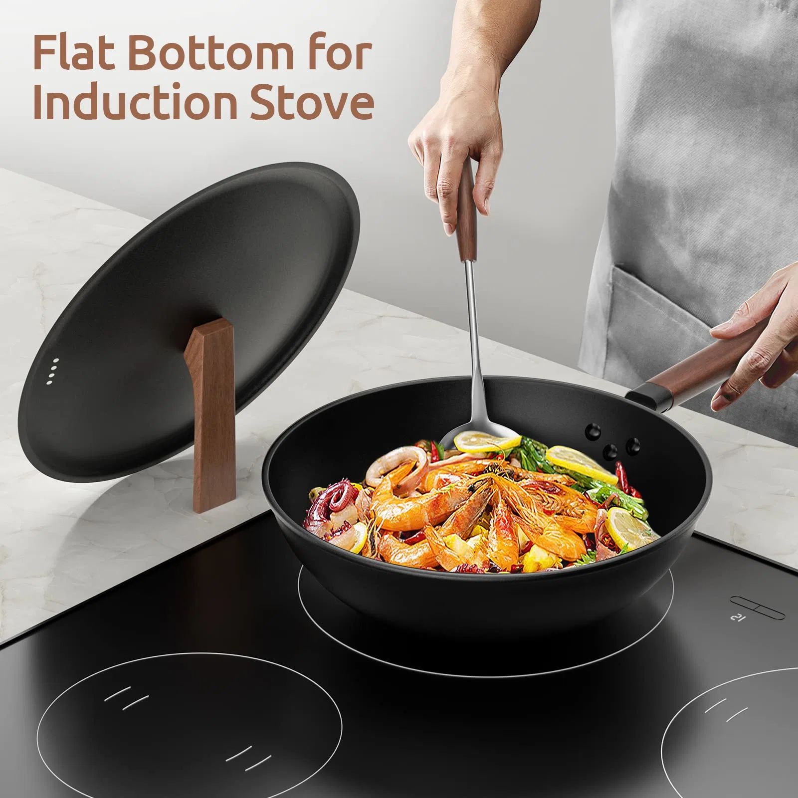 Угольная сталь Wok Stir-Fry-Pan с крышкой плоская нижняя посуда Electric Газ доступен