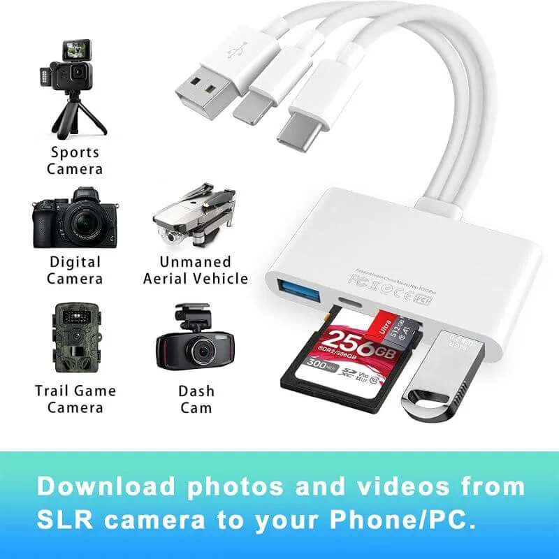 5-in-1 Card Reader with Micro-SD&SD Slots for iPhone/iPad/Android/USB C & a Devices