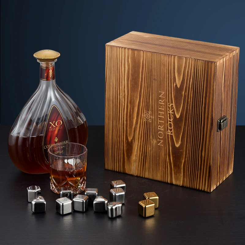 Wood Box Stainless Steel Reusable Ice Cube Chilling Stone and Glass Set with Whiskey Stones Set