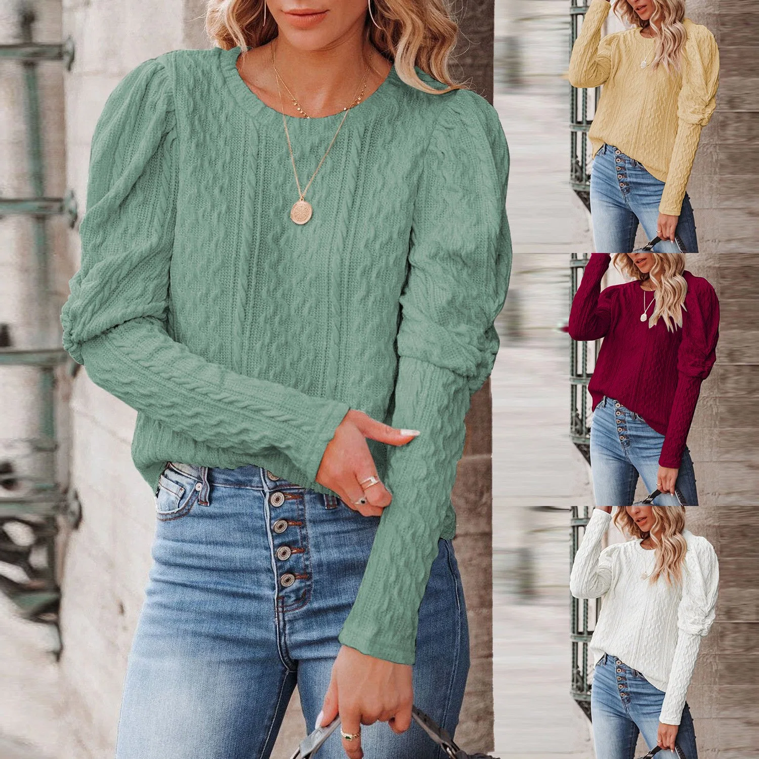 Custom Herbst Damen Pullover Mode Solid Color Jacquard Rundhalsausschnitt Strickpullover Mit Rundhalsausschnitt Und Lammausschlag
