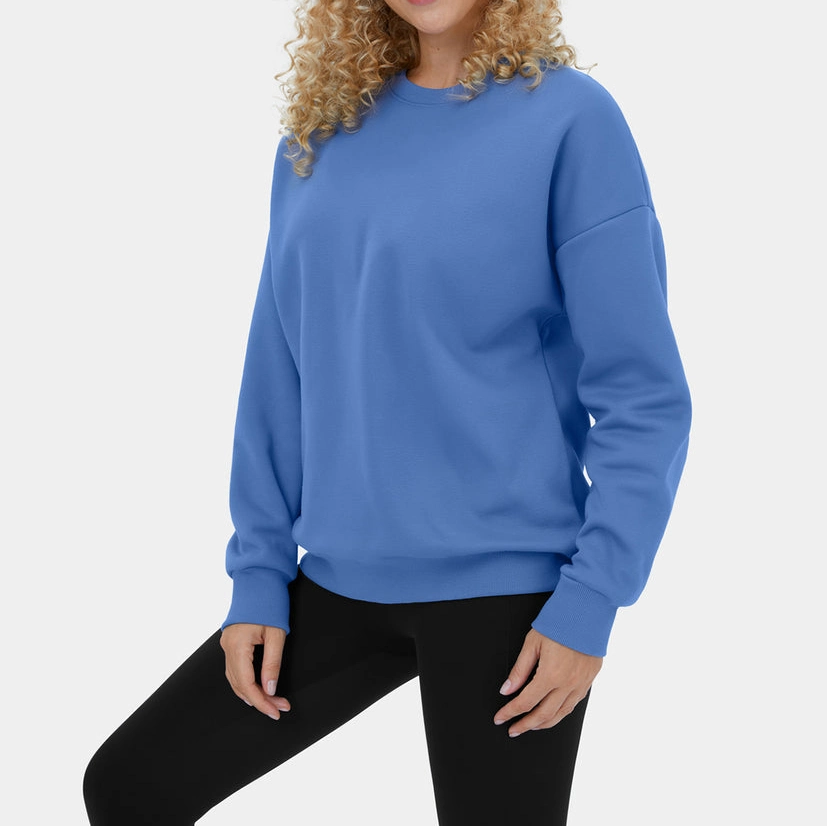Custom Good Quality Plain Cotton French Terry Round Neck Dropped Shoulder Fleece Casual Sports Sweatshirt for Women