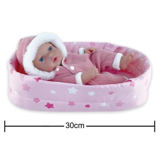 New High Quanlity Toy 12" Toddler Different Models Cute Baby PVC Doll in 30cm Fabric Cradle