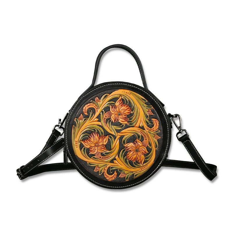 9821 La mode en cuir véritable Crossbody gaufré et de fleurs femelles Retro Vintage grand sac à bandoulière ronde pour les femmes