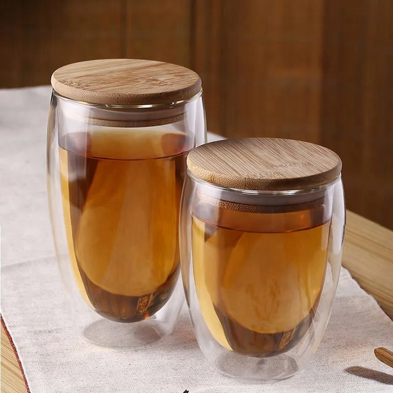 Customized 450ml Hand-Blown Handless Double Wall Glass Coffee Mugs with Bamboo Lid