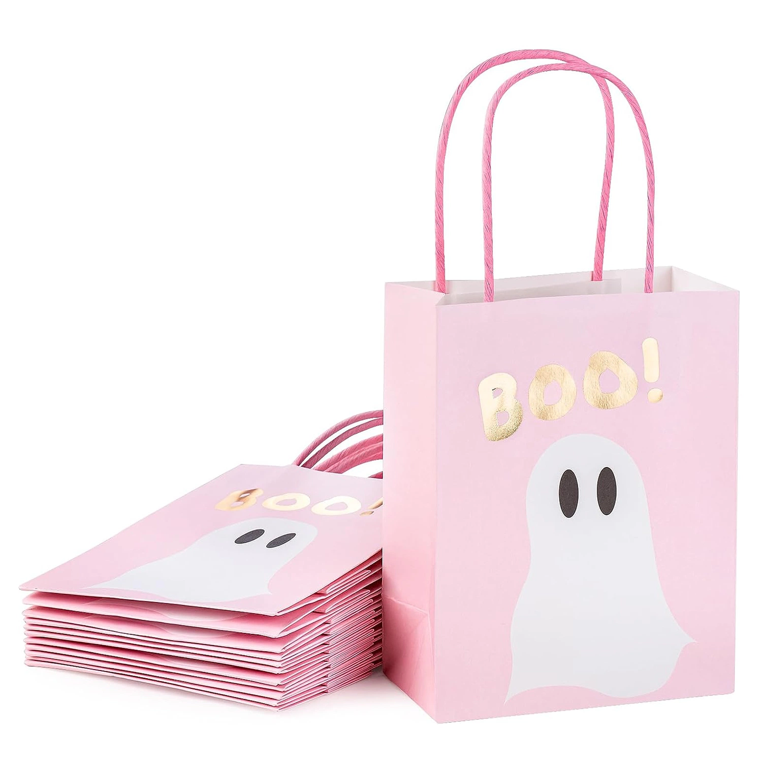 Pink Kraft Paper Gift Bags for Hallowen, Holiday, Party Gift Wrap