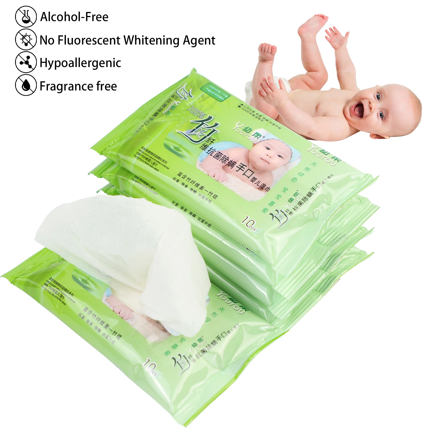 Eco Friendly 10PCS 99% Water Hypoallergenic Disposable Bamboo Fiber Soft Water Gentle Baby Wet Tissue Bag