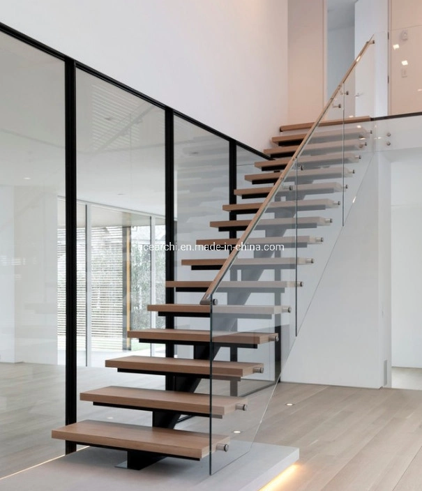 Modern Steel Straight U-Shaped Stair Solid Wood Tread Glass Balustrade Design for Villa