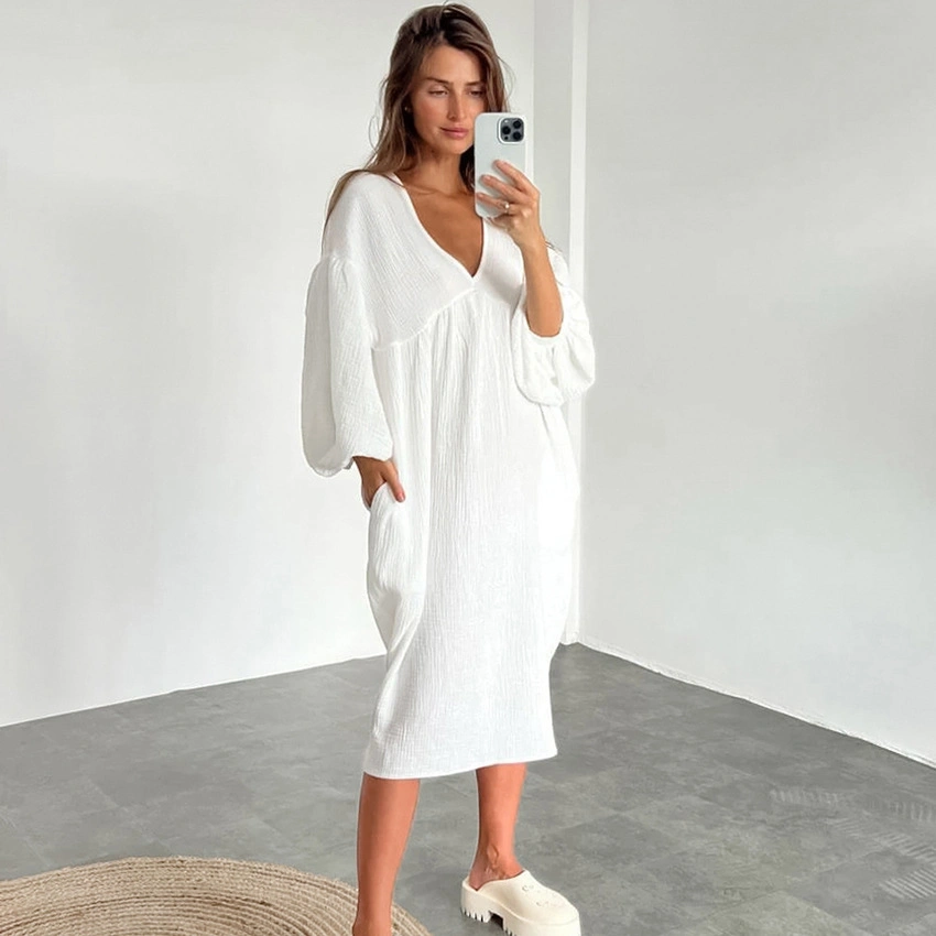 Long Sleeve Muslin Cotton Morning Gown Women Dress Sleepwear