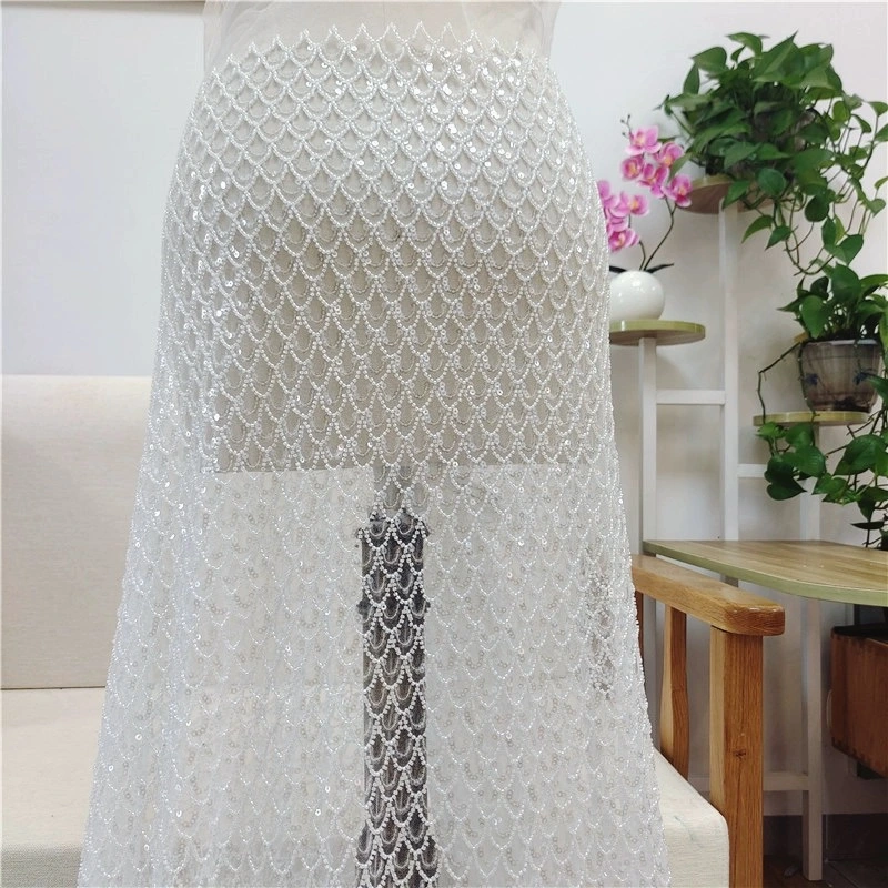 White Color Beaded Lace Pearl Fabric with Mesh Embroidered Tulle for Party Dress Wedding Dress