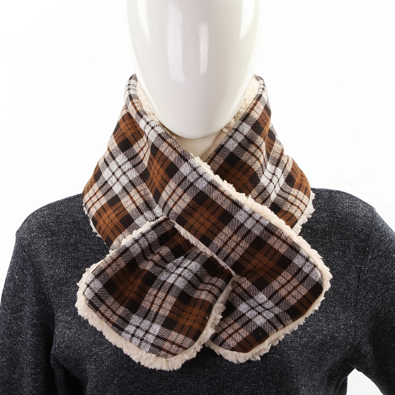 High quality/High cost performance  Custom Design Female Faux Fur Collar Fashion Plaid Knitted Winter Warm Cross Neck Warmer Scarves for Women