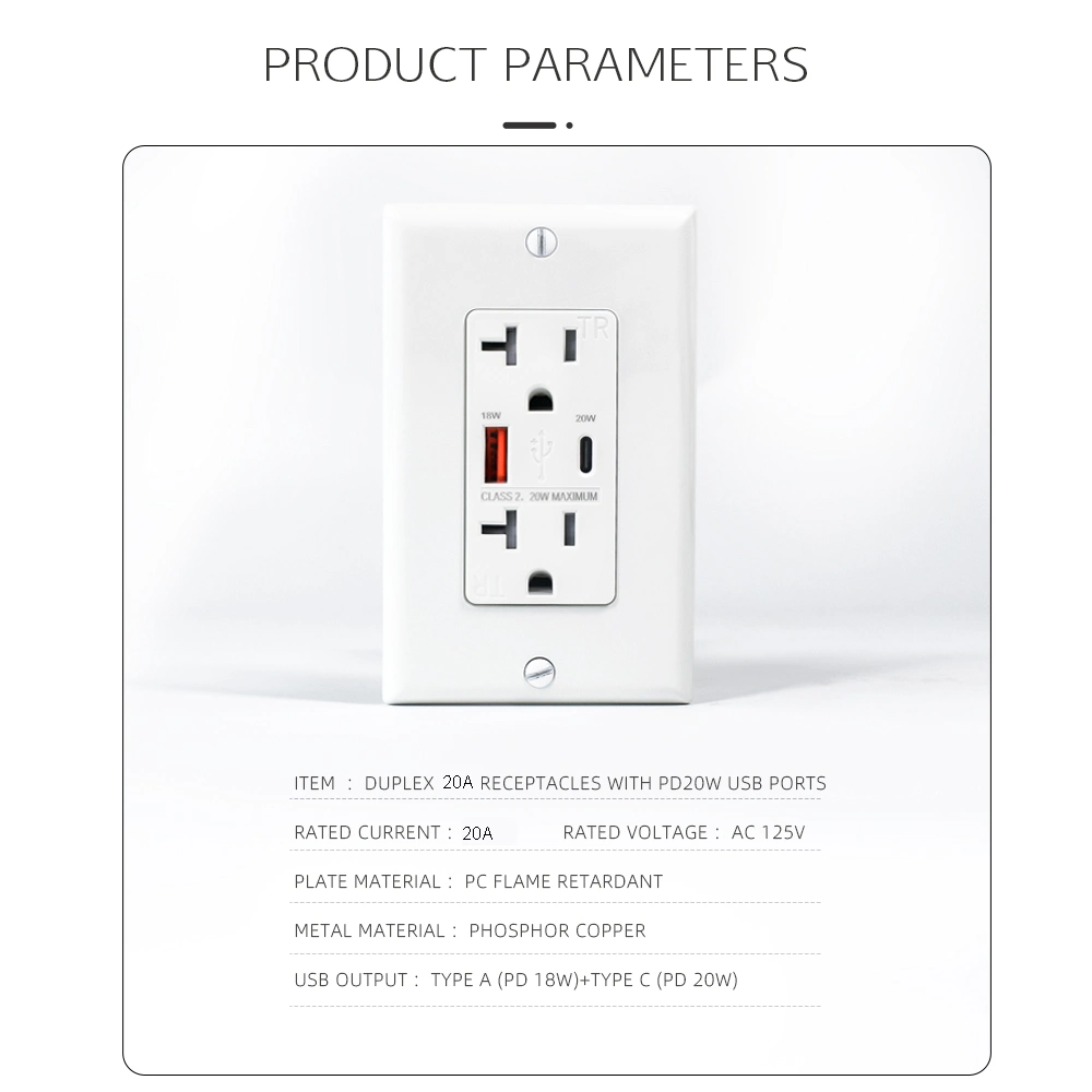 Hot Sale Electrical Socket 125V 20A Charger Phone Type-C 20W Pd Output Dual USB Fast Charger Duplex Receptacle