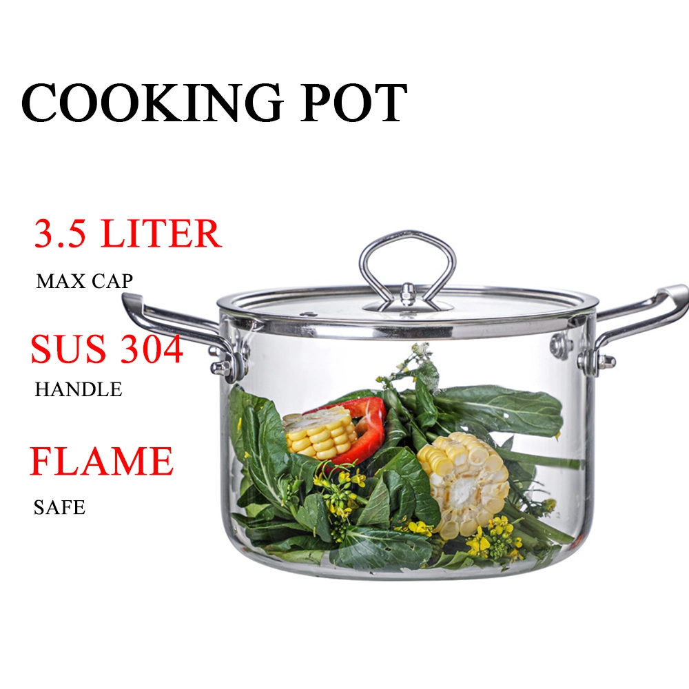 High Borosilicate Large Size 5L Glass Housewares Cookware with Stainless Steel Double-Ear Pyrex Glass Soup Noodle Cooking Pot Direct Fire Use Not Broken