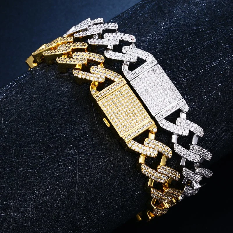 Gold and Silver Plated Prong Setting Bracelet Men Women Fashion Cuban Link Bracelet Bling Hip Hop Jewelry