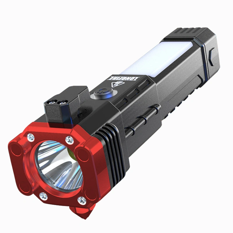 Linterna LED con luz de destello, martillo de seguridad para exteriores de automóviles, cargador, linterna de autodefensa.