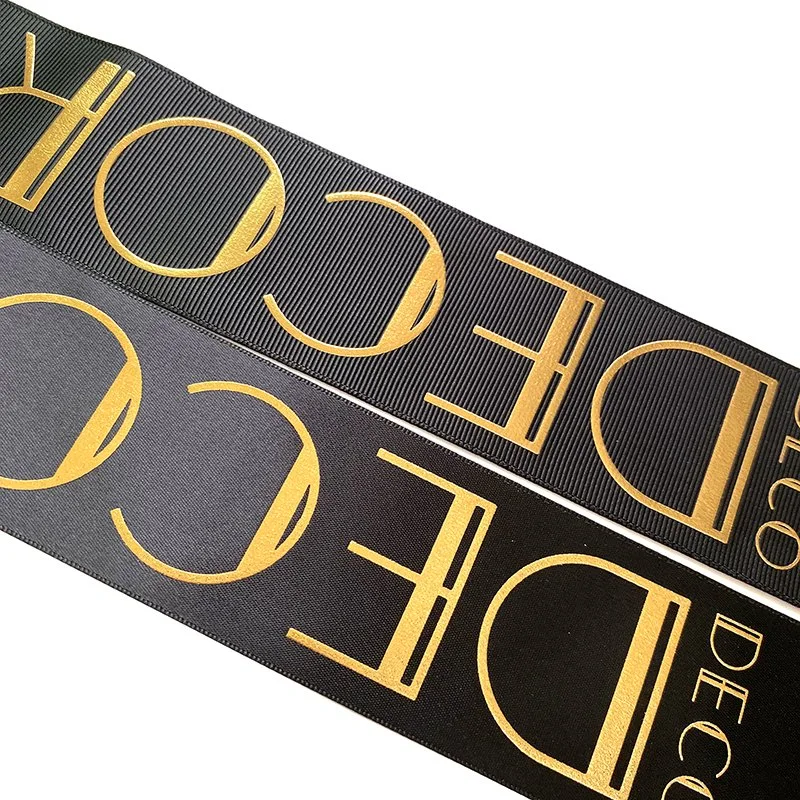 Hot Sale Luxury Custom Logo 2 Inch 3 D Embossed Grosgrain Ribbon Tape Raised Gold Foil Printed Polyester Satin Ribbon