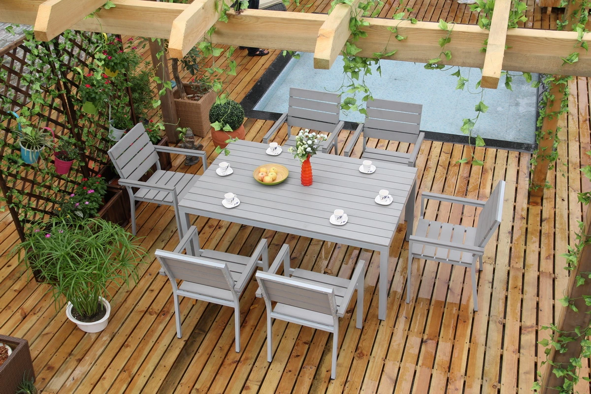 7 PEÇAS para mesa de jantar em contraplacado e cadeiras Jardim de mobiliário de exterior em alumínio Conjunto de jantar