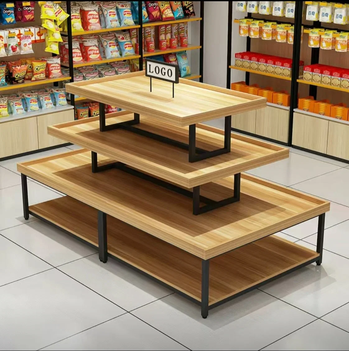 Customize High quality/High cost performance  Wood Shelf Exhibition Table Display Rack Grocery Store Fixture