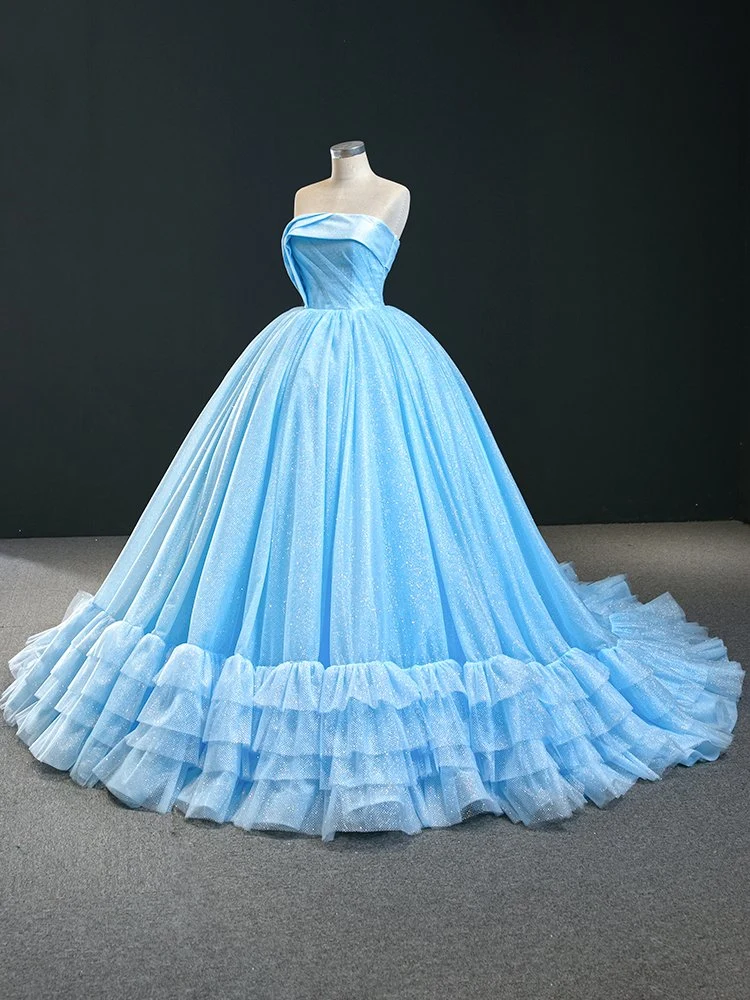 Blue Ruffles Bridal Ball vestido Strapless Shimmer Quinceanera Dress Q89018