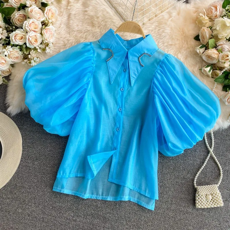 Wholesale/Supplier 2023 Summer New Fashion Women's Retro Style Irregular Rhinestone Lapel Puff Sleeve Shirt Fashion Short Blouse