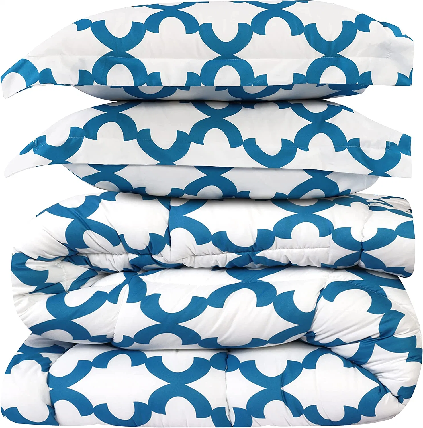 Ensemble de couette Queen (Quatrefoil Blanc Bleu) avec 2 taies d'oreiller - Ensembles de literie - Couette en alternative duvet - Douce et confortable.