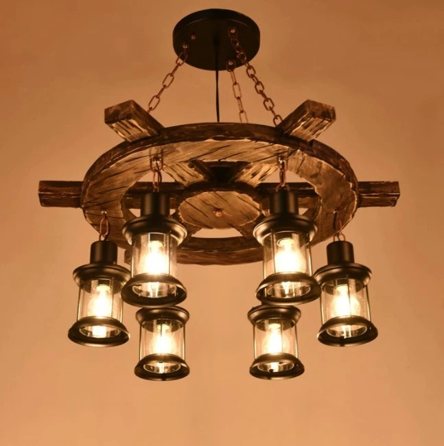 Style de décoration intérieure industriel nordique Lustre en bois et fer forgé avec éclairage LED