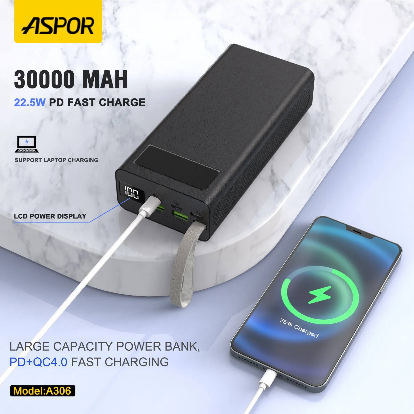 30000mAh Banque d'alimentation 22.5W QC4.0 Pd+batterie polymère de charge rapide chargeur portable avec écran écran numérique