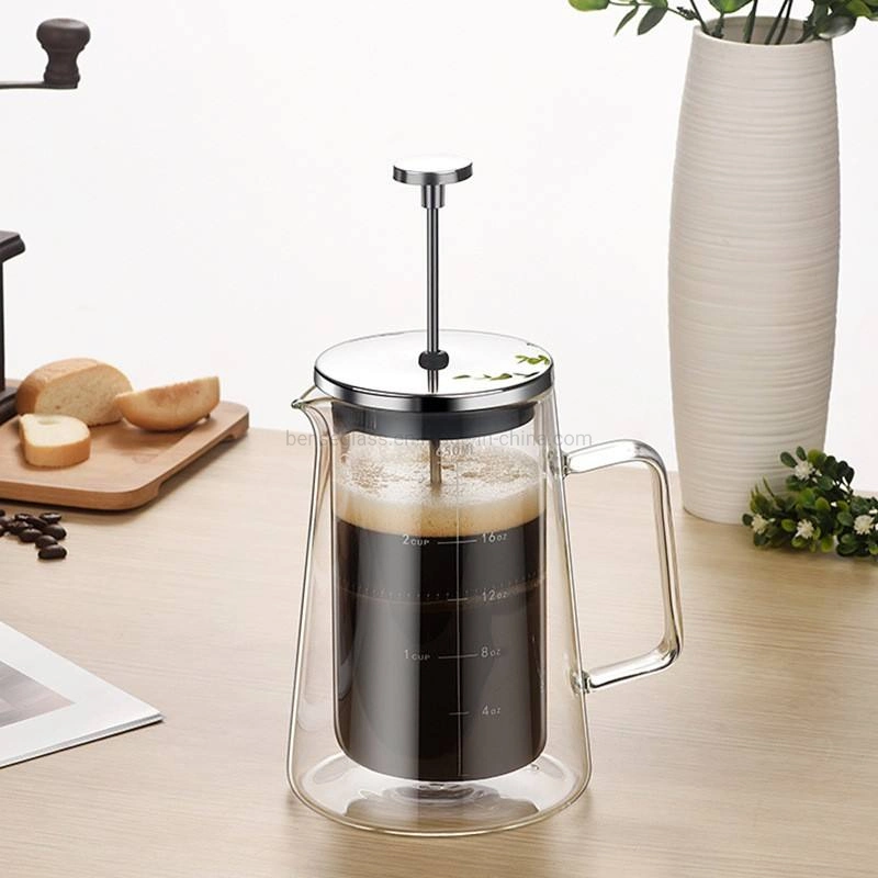 Venta caliente de la fábrica de alta calidad Personalizar 1000ml Vidrio de borosilicato de doble pared Cafeteras Maker café francés pulse