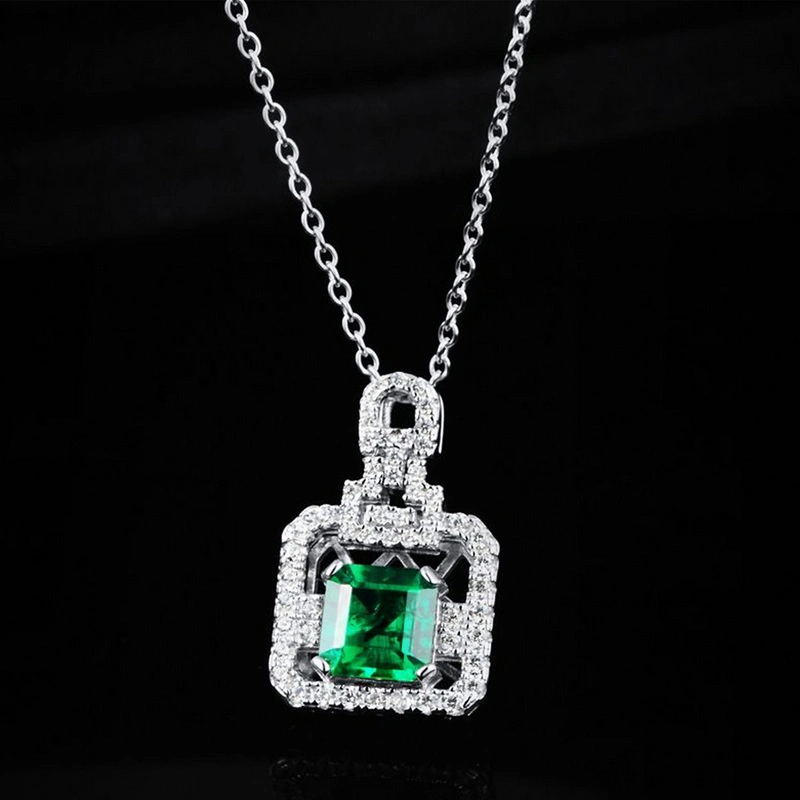 Gold Pave Diamond Natural Emerald Necklace for Women's 925 Sterling Silver Gemstone Pendant