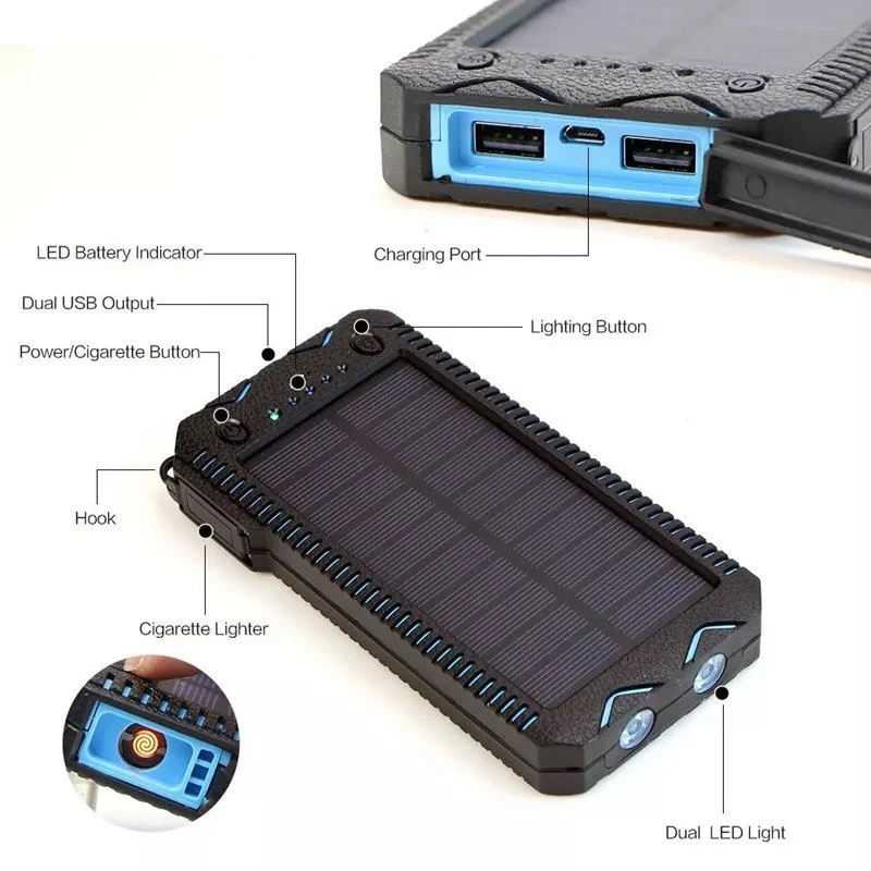 10000mAh Cargador Solar resistente al agua Solar potente batería Solar Cargador con dos luces LED USB