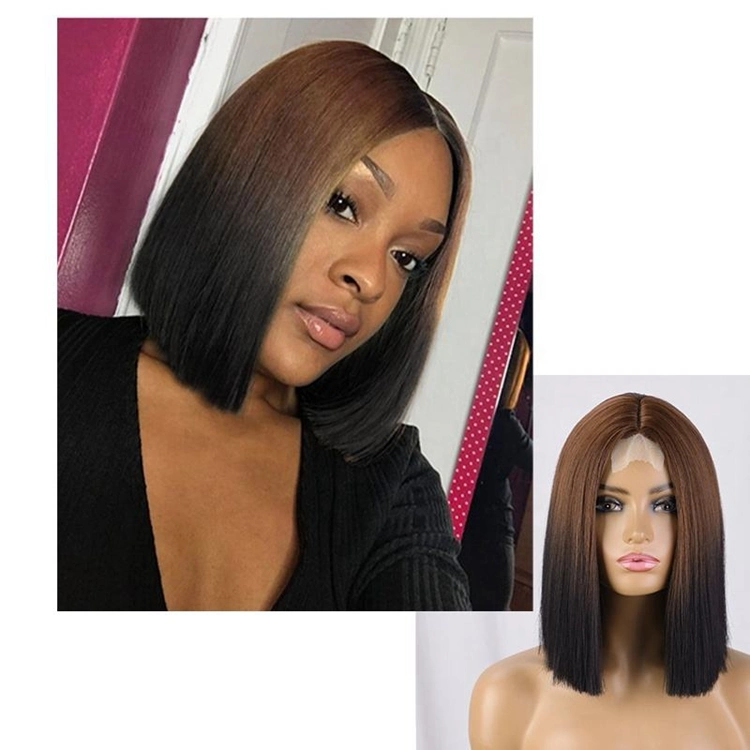 Ombre Brown Short Straight Bob U Part Synthetic Hair Wig