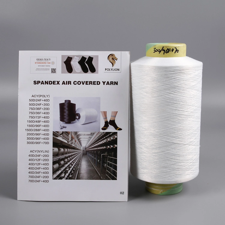 Fabricante chino de personalización de tela vaquera elástica de spandex cubierta de aire con calcetines de poliéster DTY Acy 150/48/40 Ddb para máquina de tejer hilos.