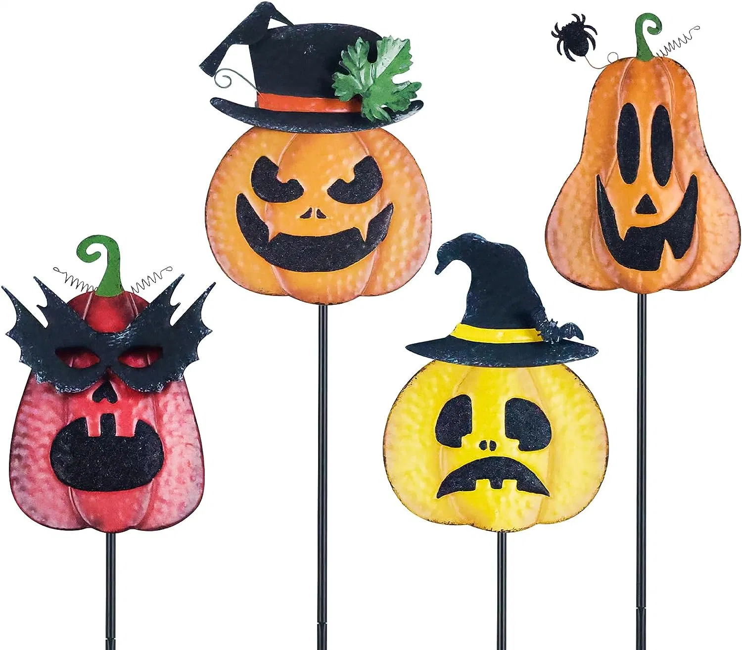 Decoraciones de Halloween al aire libre, Bottakes de Metal Pumpkin Garden con Witch's Hat Crow decoraciones de Halloween para el hogar, Jack o Lantern Metal Yard señales para el jardín