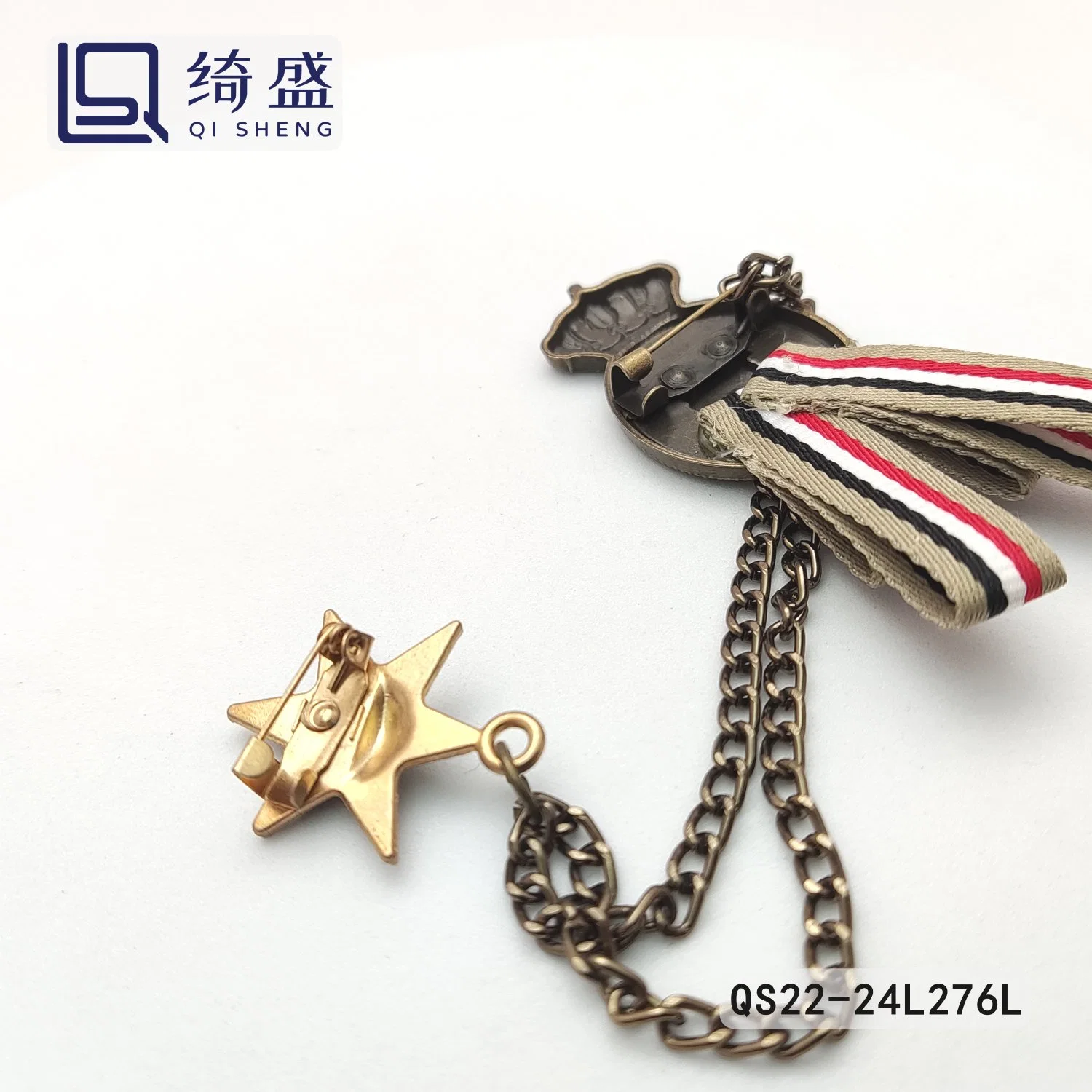 High quality/High cost performance New Design Webbing Metal Brooch with Chain/Retro Star Style Brooch