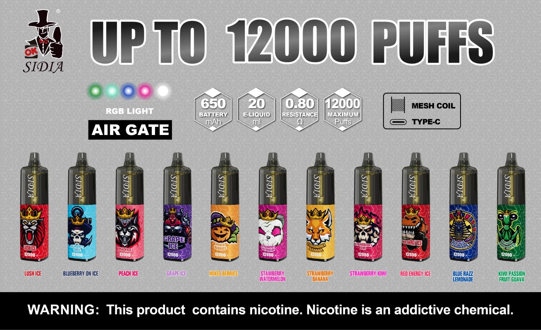 Commerce de gros je Vape Sidia 12000 bouffées Vape stylo jetable