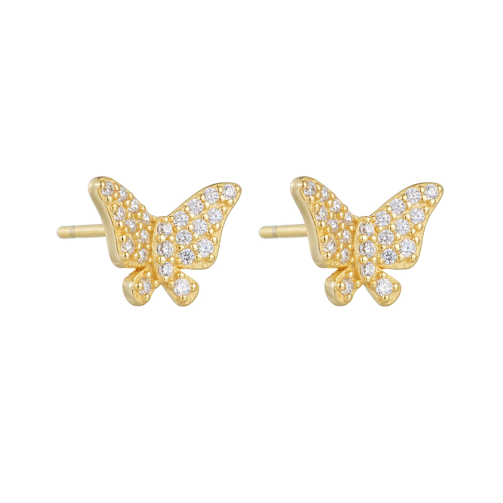 Minimalist Fashion Jewelry 925 Sterling Silver 14K Gold Pave CZ Butterfly Stud Earrings for Women