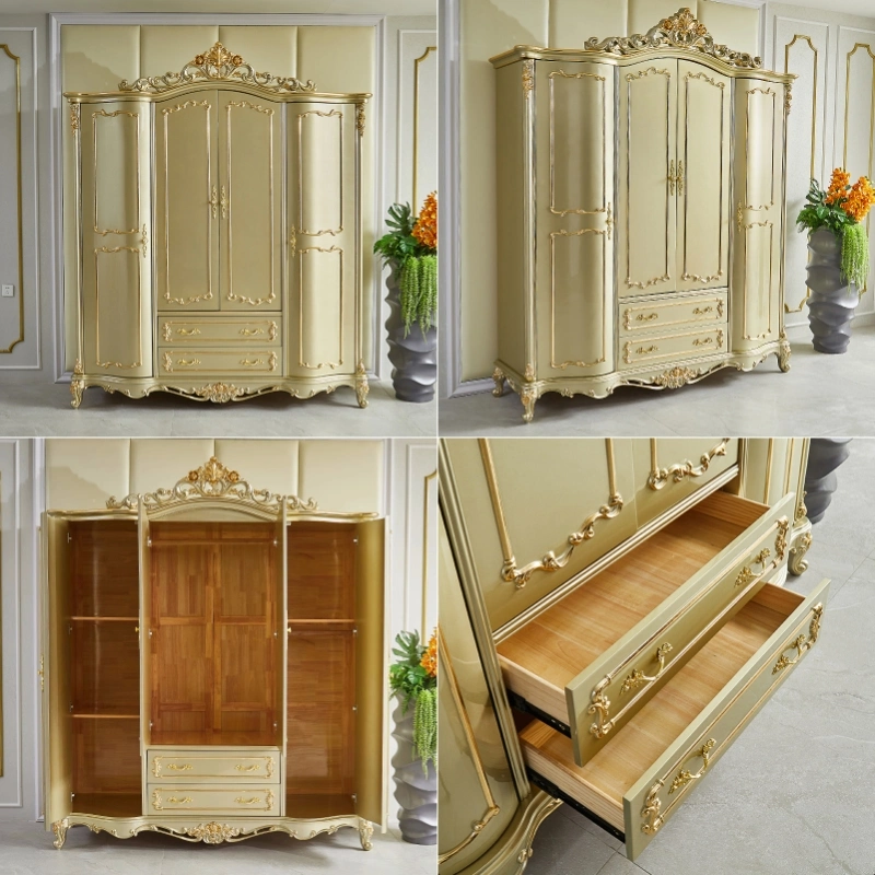 Antique Bedroom Wood Bed Furniture with Dressing Table and Wardrobe