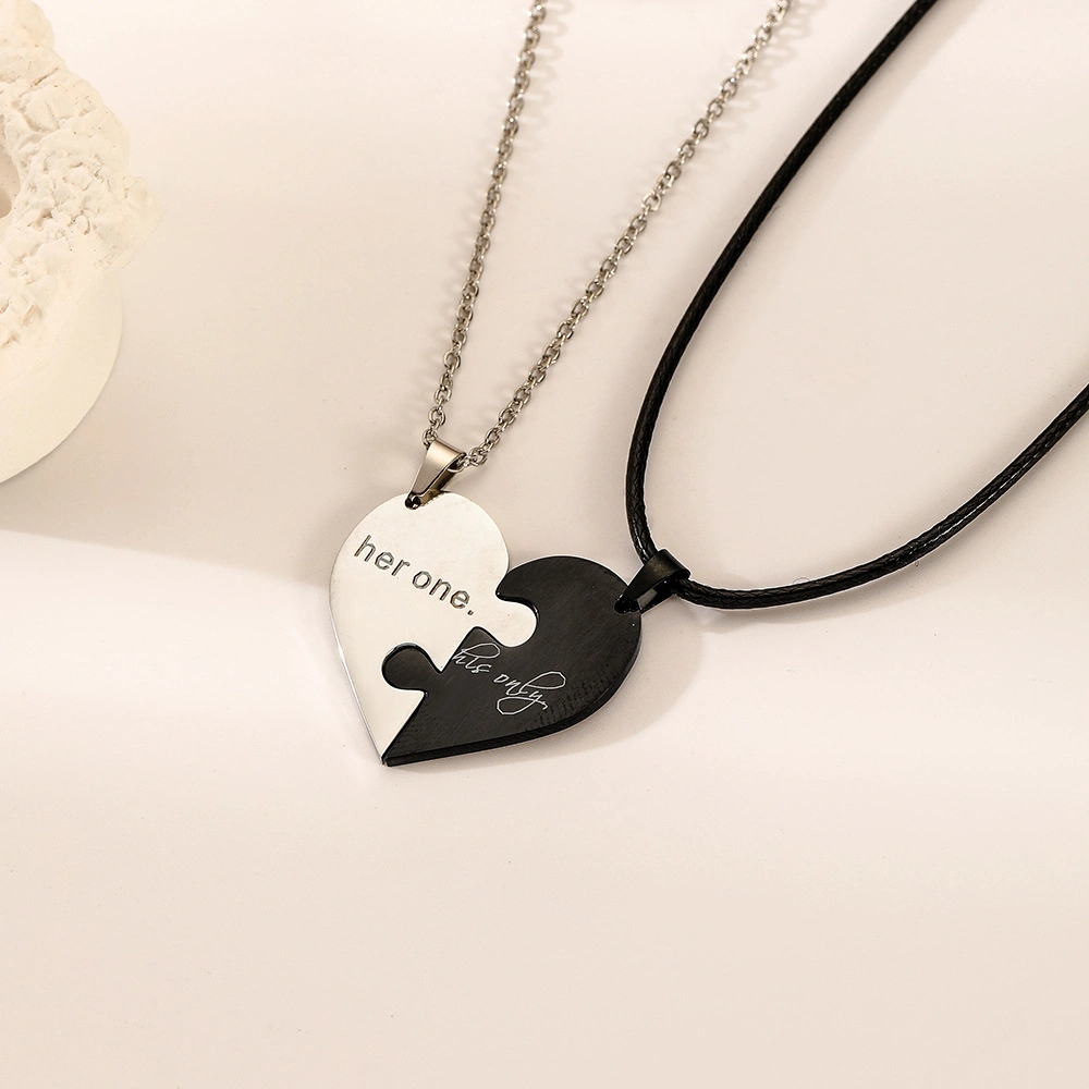 Stainless Steel Black White Heart Shaped Letter Pendant Necklace