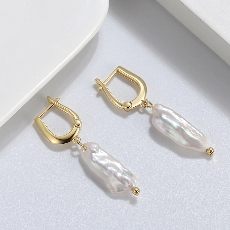 New Fashion Jewellery Instagram Simple Baroque Irregular Earrings 14K Gold Plated 925 Sterling Silver Freshwater Pearl Hoop Earrings