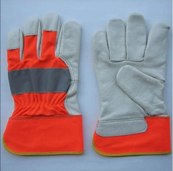 Hi-Vis Cow Grain Leather Full Palm Orange Color Fabric Back Work Glove