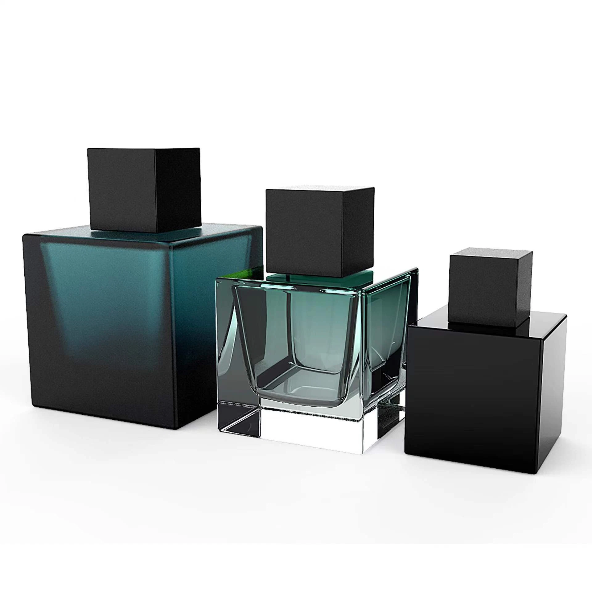 Custom Cube Square 50ml 100ml Luxury Clear Unique Green Black Gradient Color Perfume Glass Bottles with Lid Clear Spray Bottle